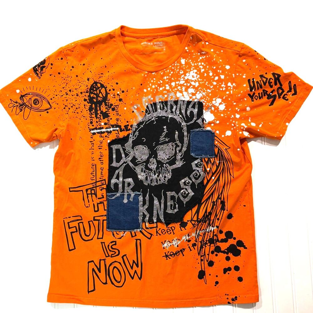 Smoke Rise Y2K Rhinestone Skull Patchwork Graphic Tee Orange Streetwear L